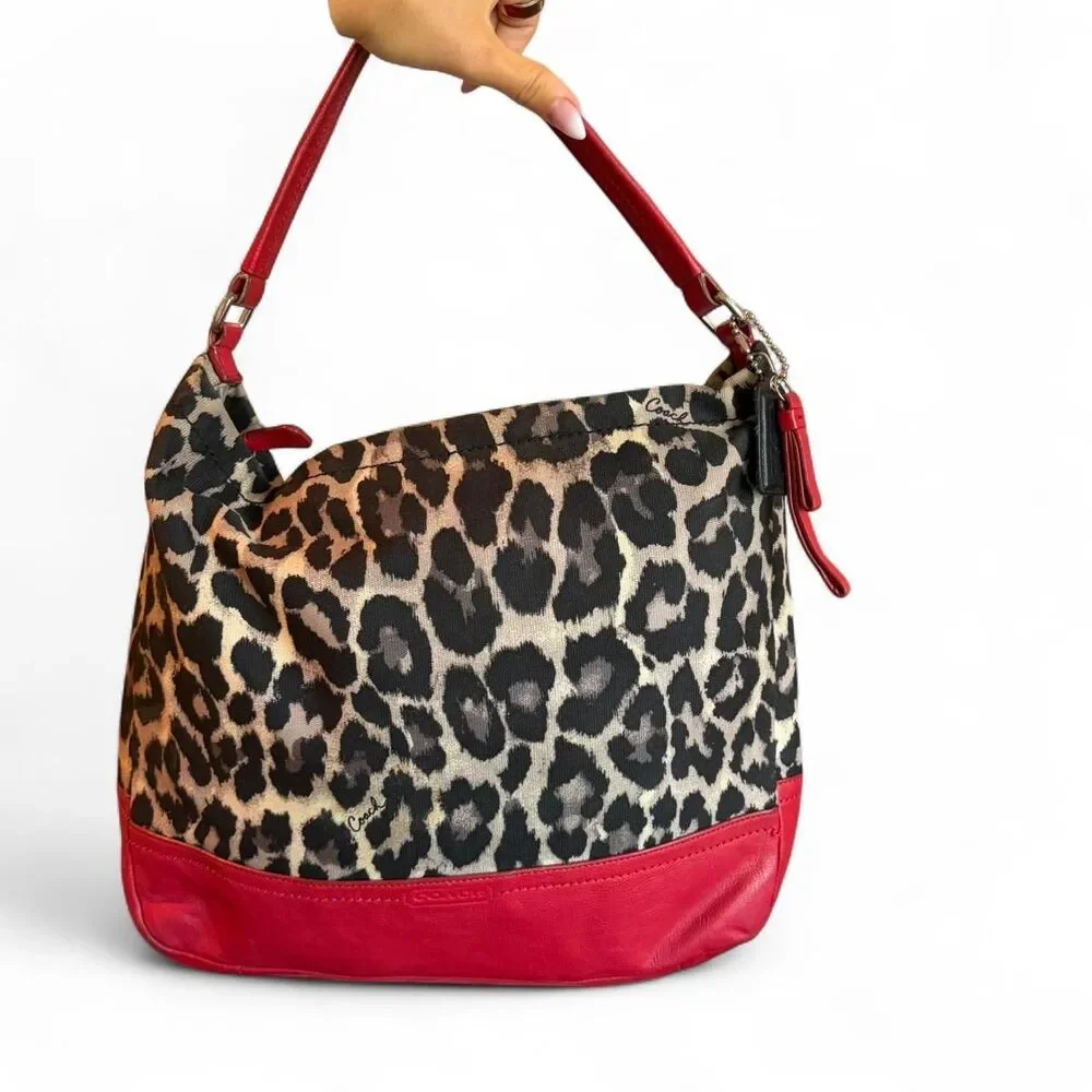 Coach Leopard Print Hobo Shoulder Bag Red Leather Trim